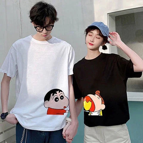 Camisetas Casal Cute Cartoon Preto/Branco