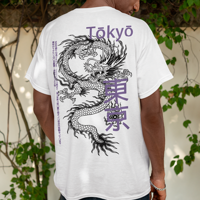 Camiseta Masculina Dragão Tokyo Japão Costas - Branco 
