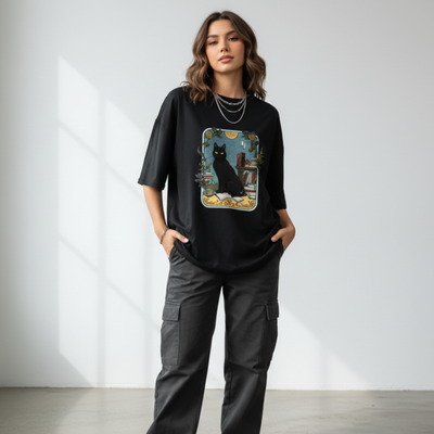 Camiseta Básica Cute Black Cat Portrait