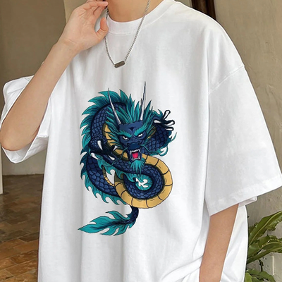 Camiseta Básica Unissex Dragon Print Japonêse - Branco