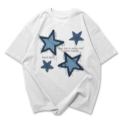 Camiseta Oversized Feminina Estrelas Jeans Frase