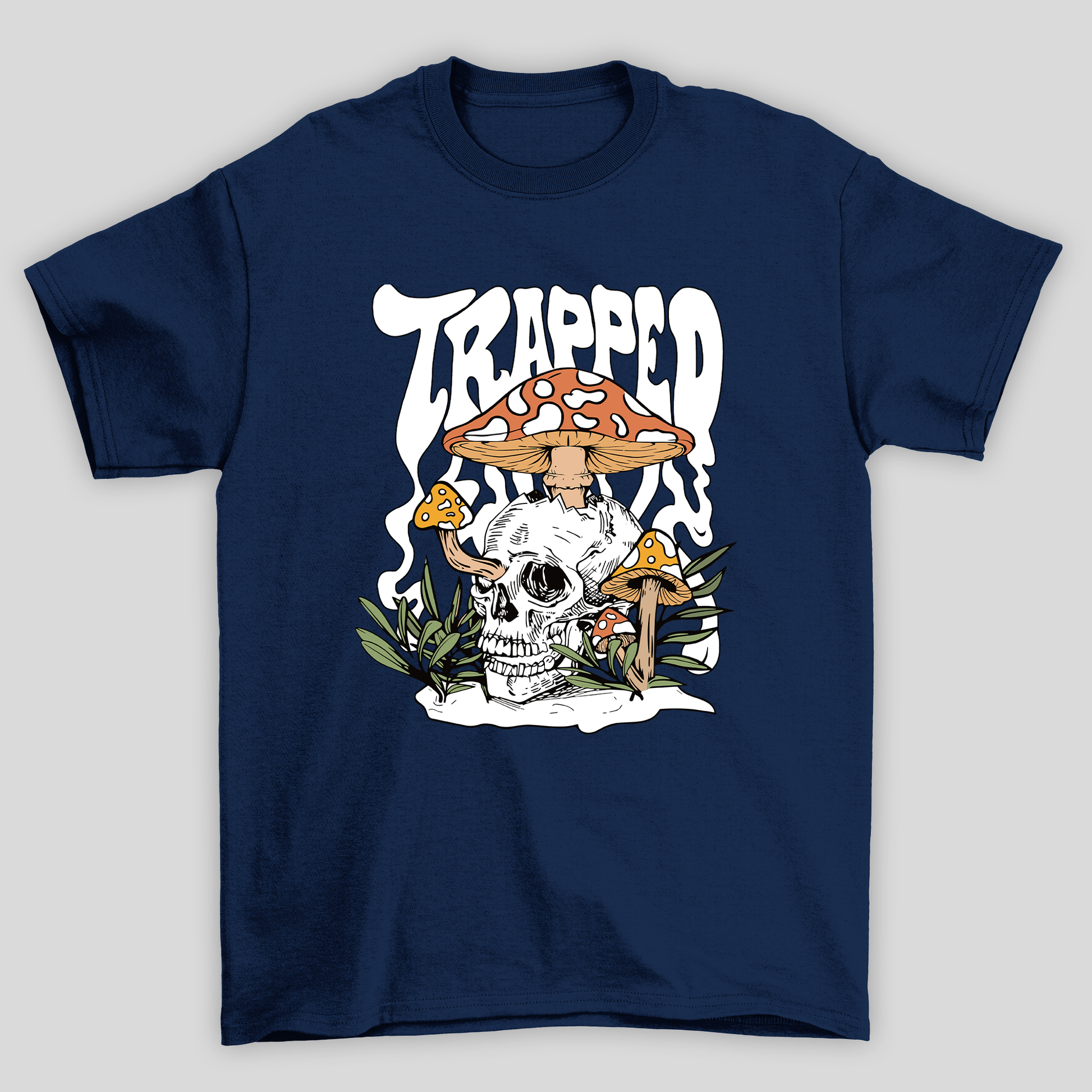Camiseta Básica Azul Marinho Trapped Caveira Cogumelos Mágicos 