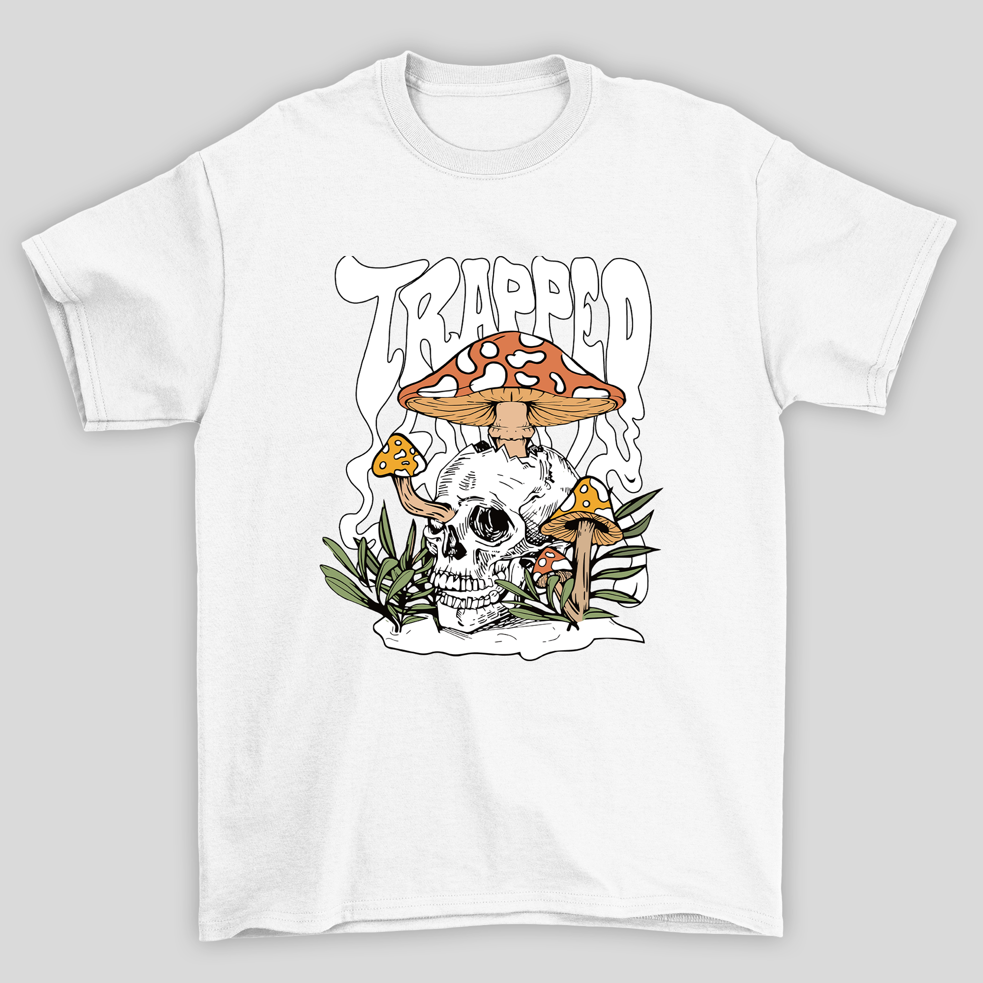 Camiseta Básica Branca Trapped Caveira Cogumelos Mágicos 