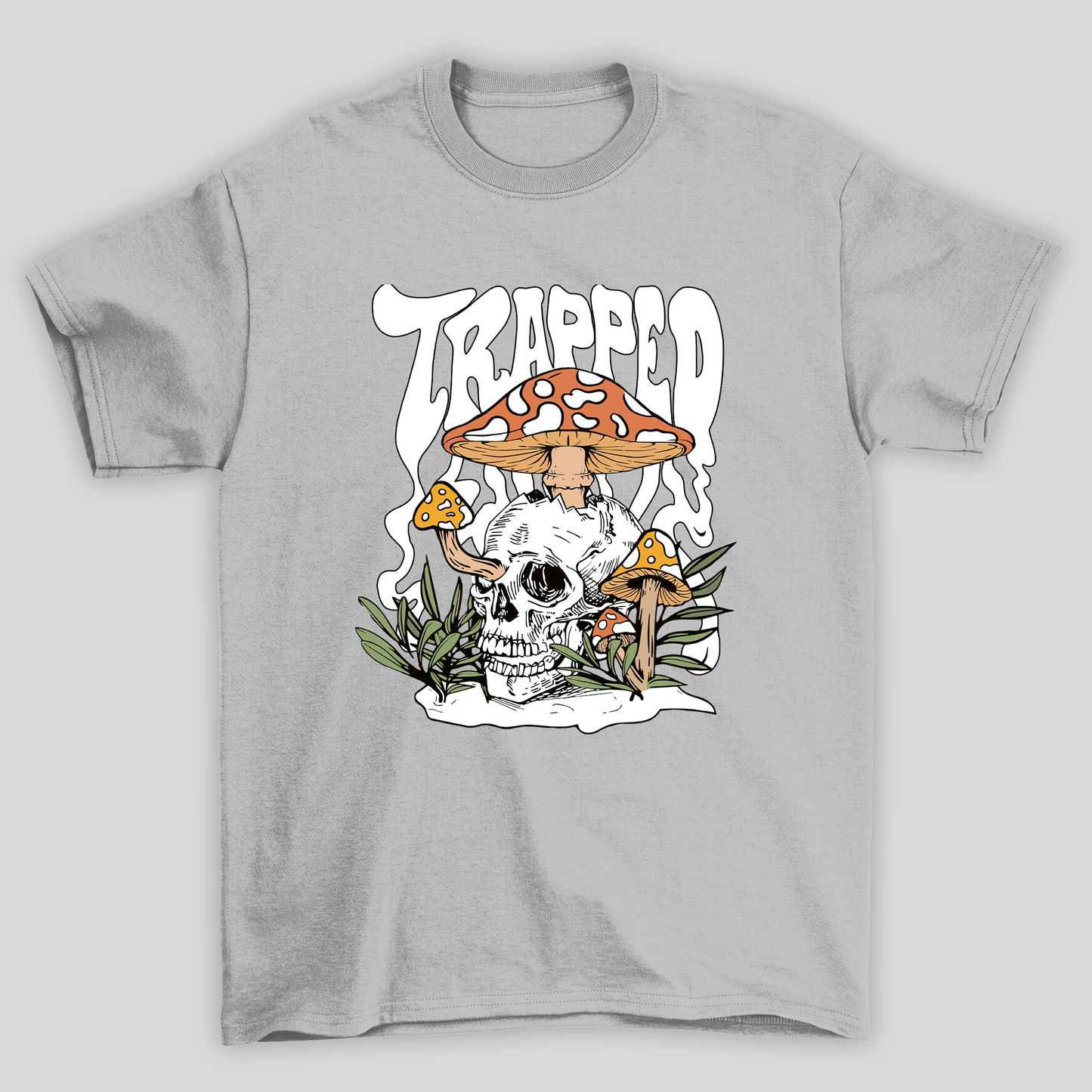 Camiseta Básica Cinza Trapped Caveira Cogumelos Mágicos 