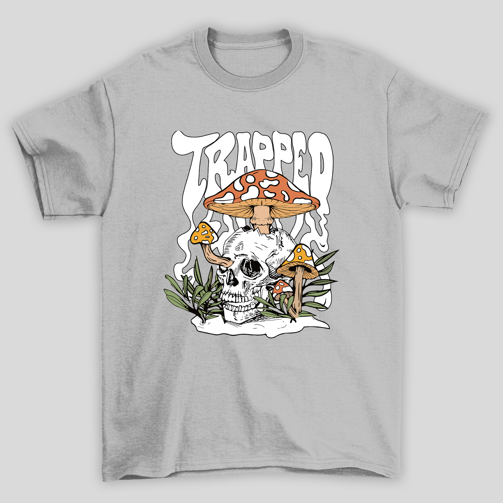 Camiseta Básica Cinza Trapped Caveira Cogumelos Mágicos 