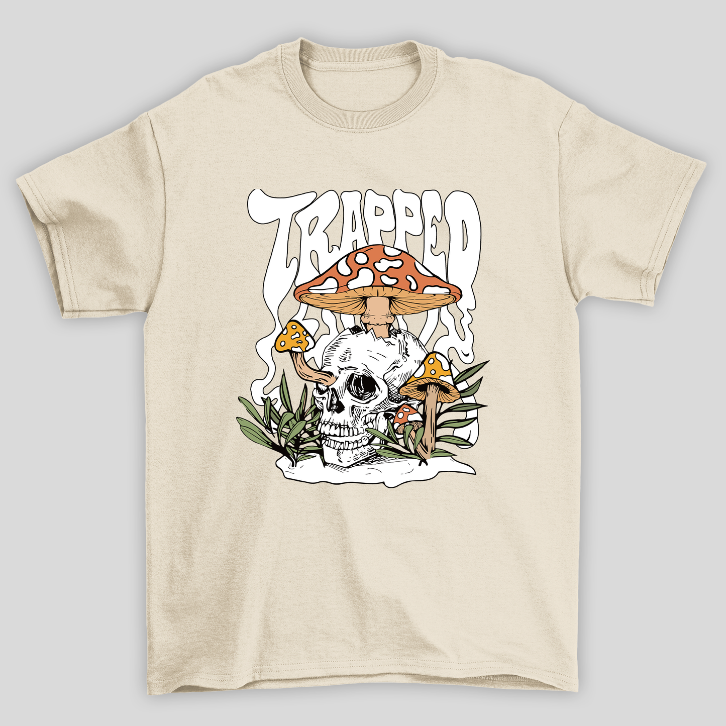 Camiseta Básica Pérola Trapped Caveira Cogumelos Mágicos 