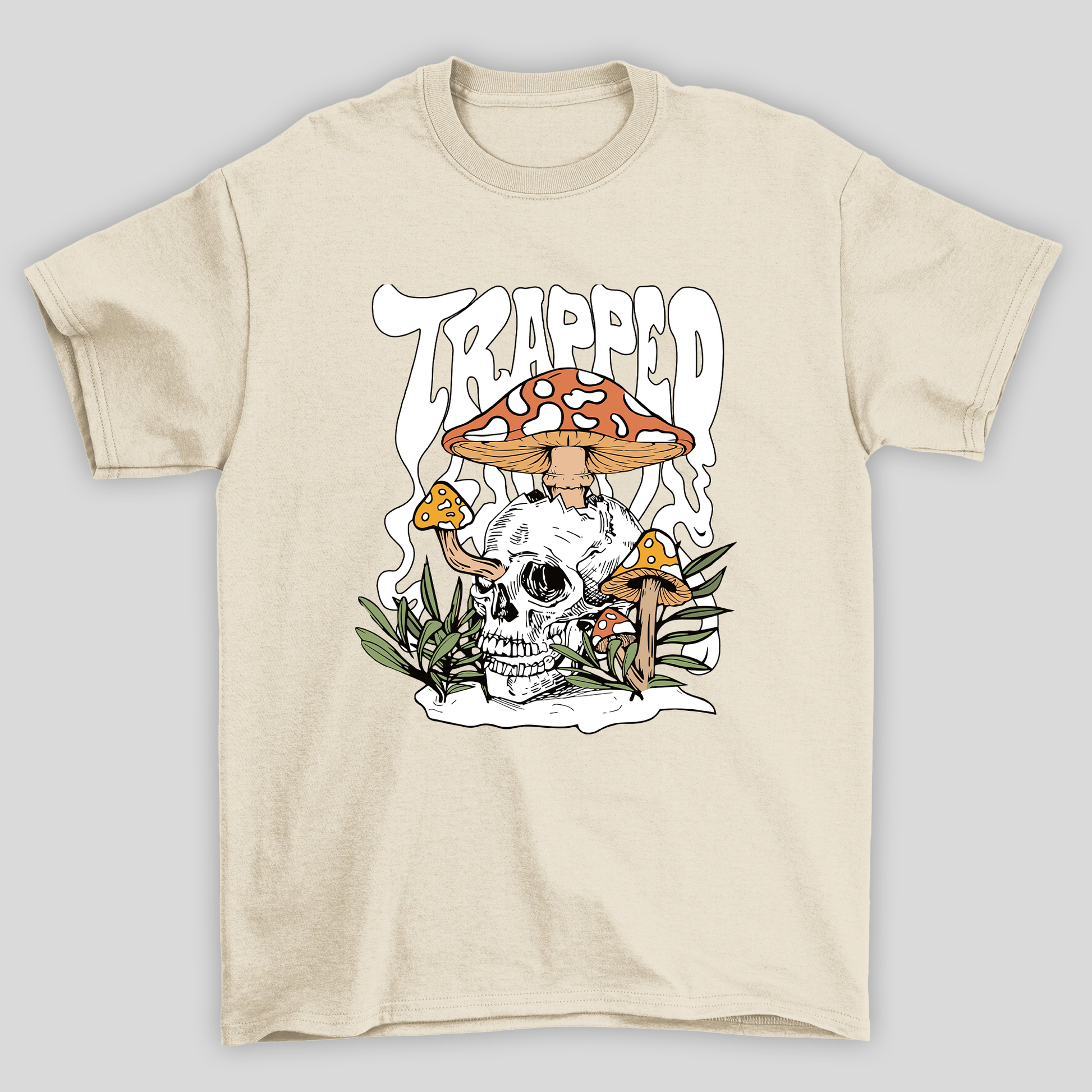 Camiseta Básica Pérola Trapped Caveira Cogumelos Mágicos 