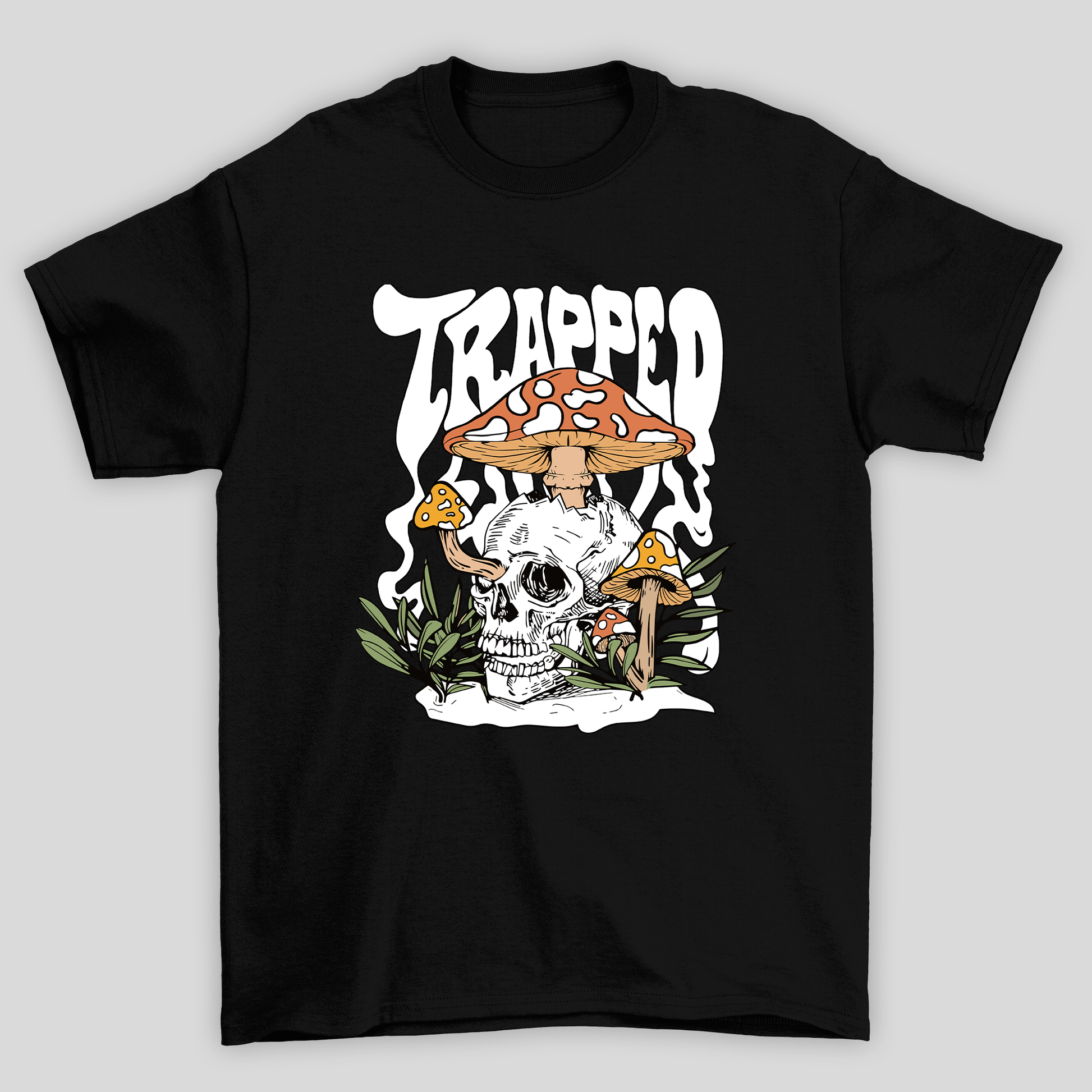 Camiseta Básica Preta Trapped Caveira Cogumelos Mágicos 