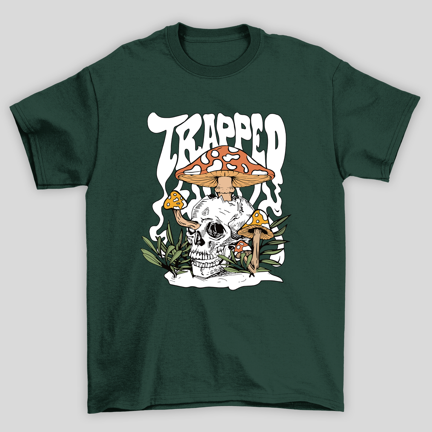 Camiseta Básica Verde Trapped Caveira Cogumelos Mágicos 