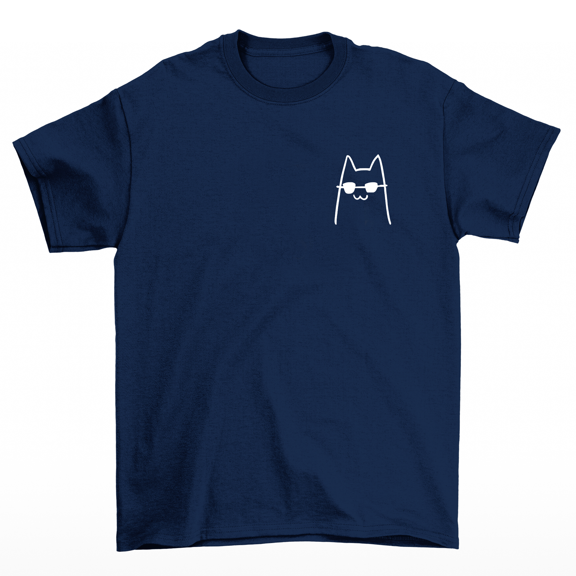 Camiseta Básica Unissex COm Estampa Gatinho estiloso Óculos- Azul-marinho