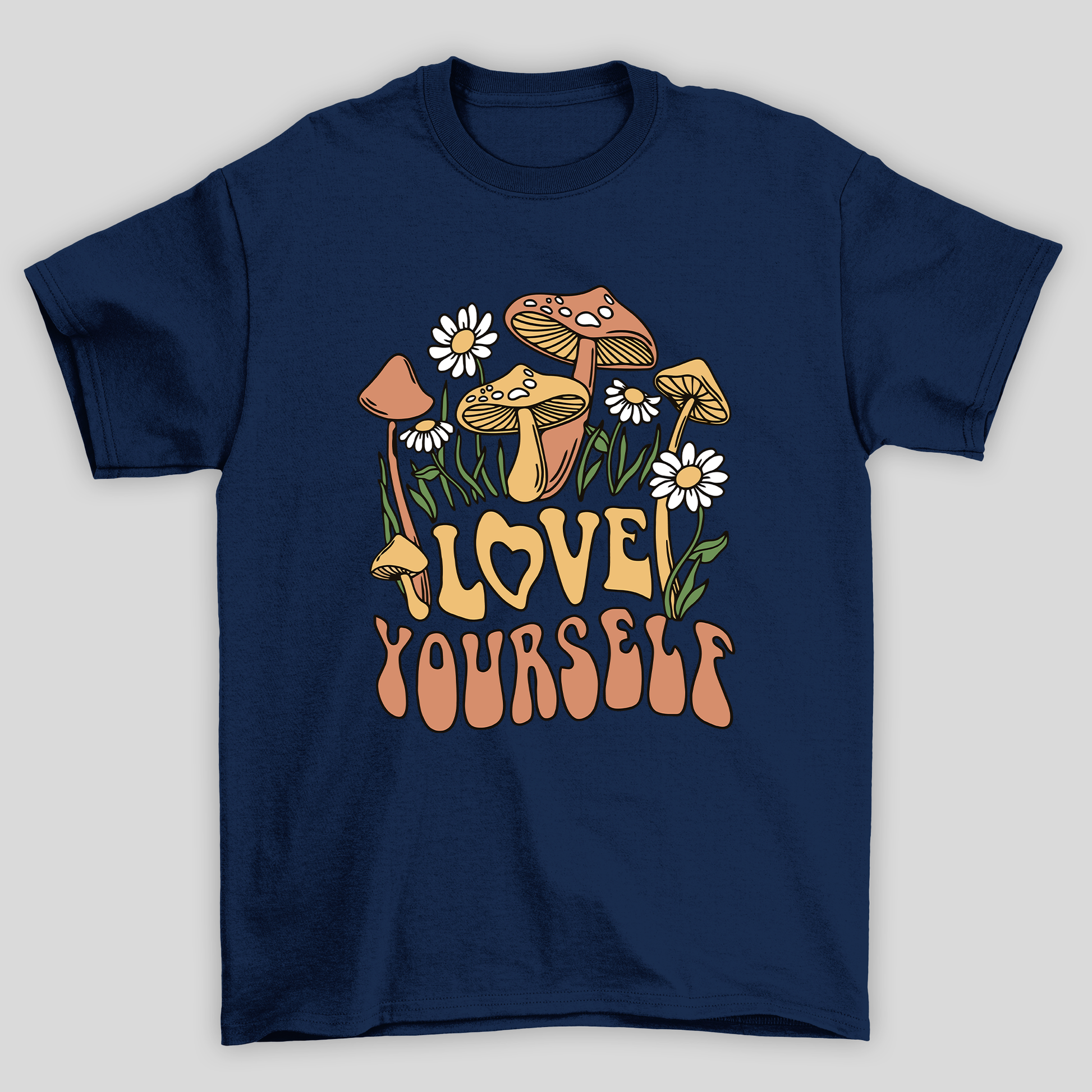 Camiseta Básica Love Yourself Cogumelos Mágicos - AZUL MARINHO 