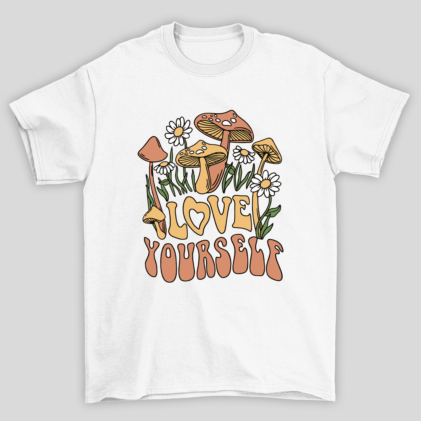 Camiseta Básica Love Yourself Cogumelos Mágicos - BRANCO 