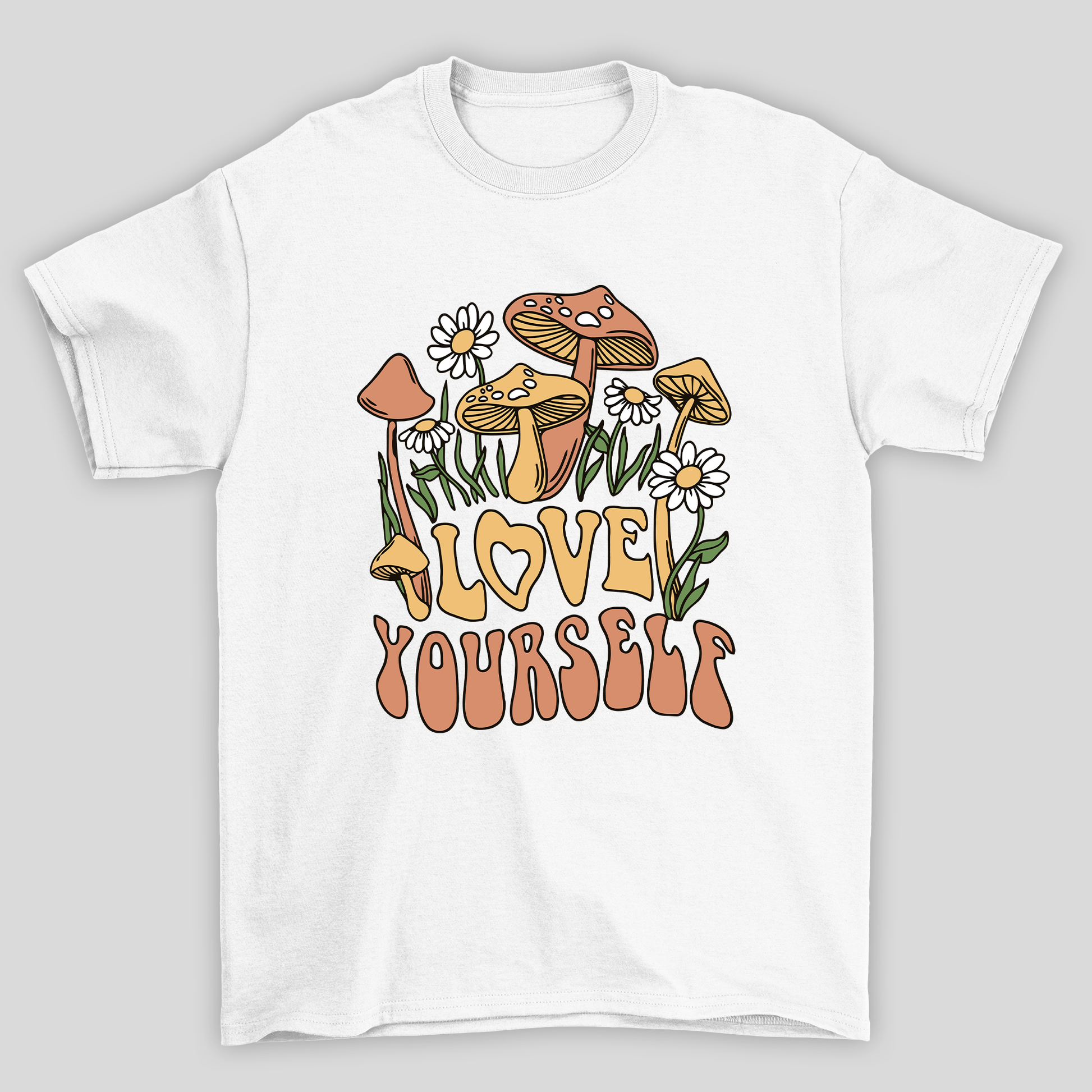 Camiseta Básica Love Yourself Cogumelos Mágicos - BRANCO 
