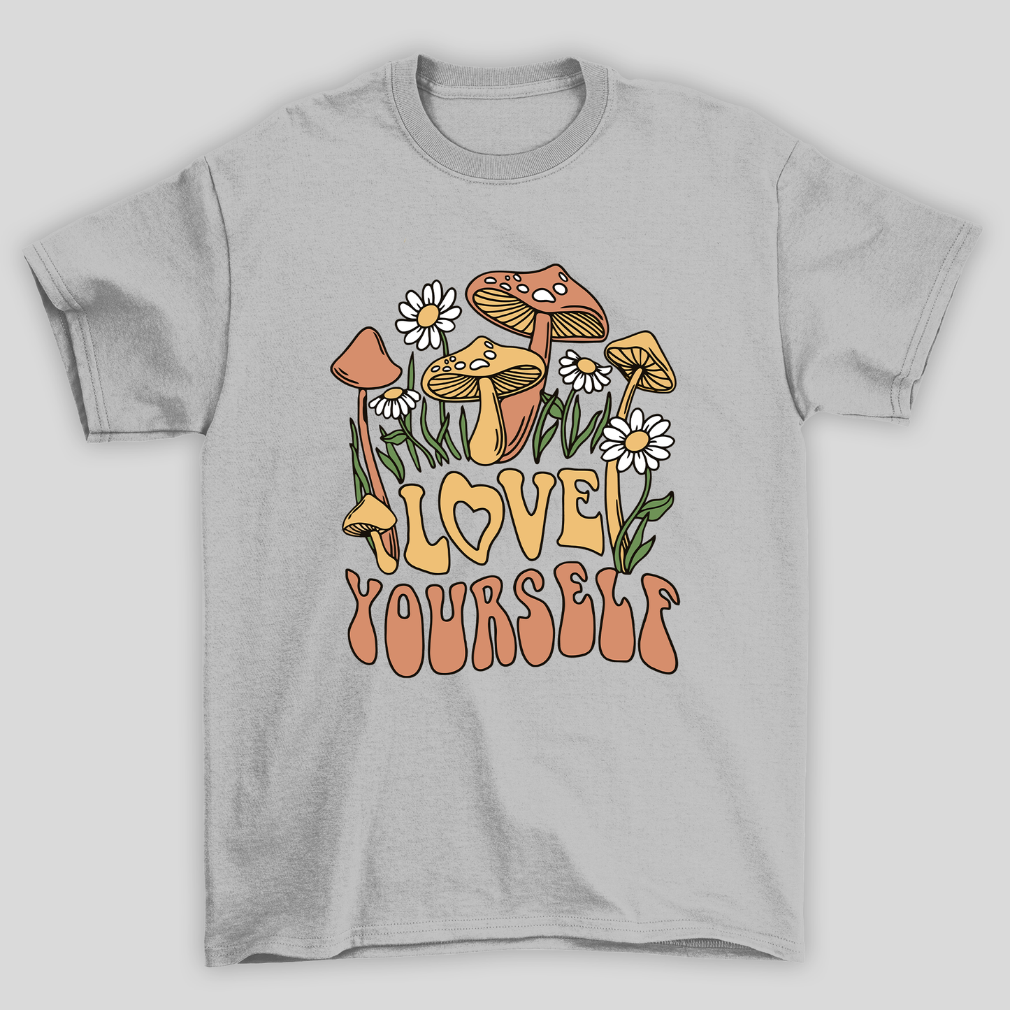 Camiseta Básica Love Yourself Cogumelos Mágicos - CINZA 