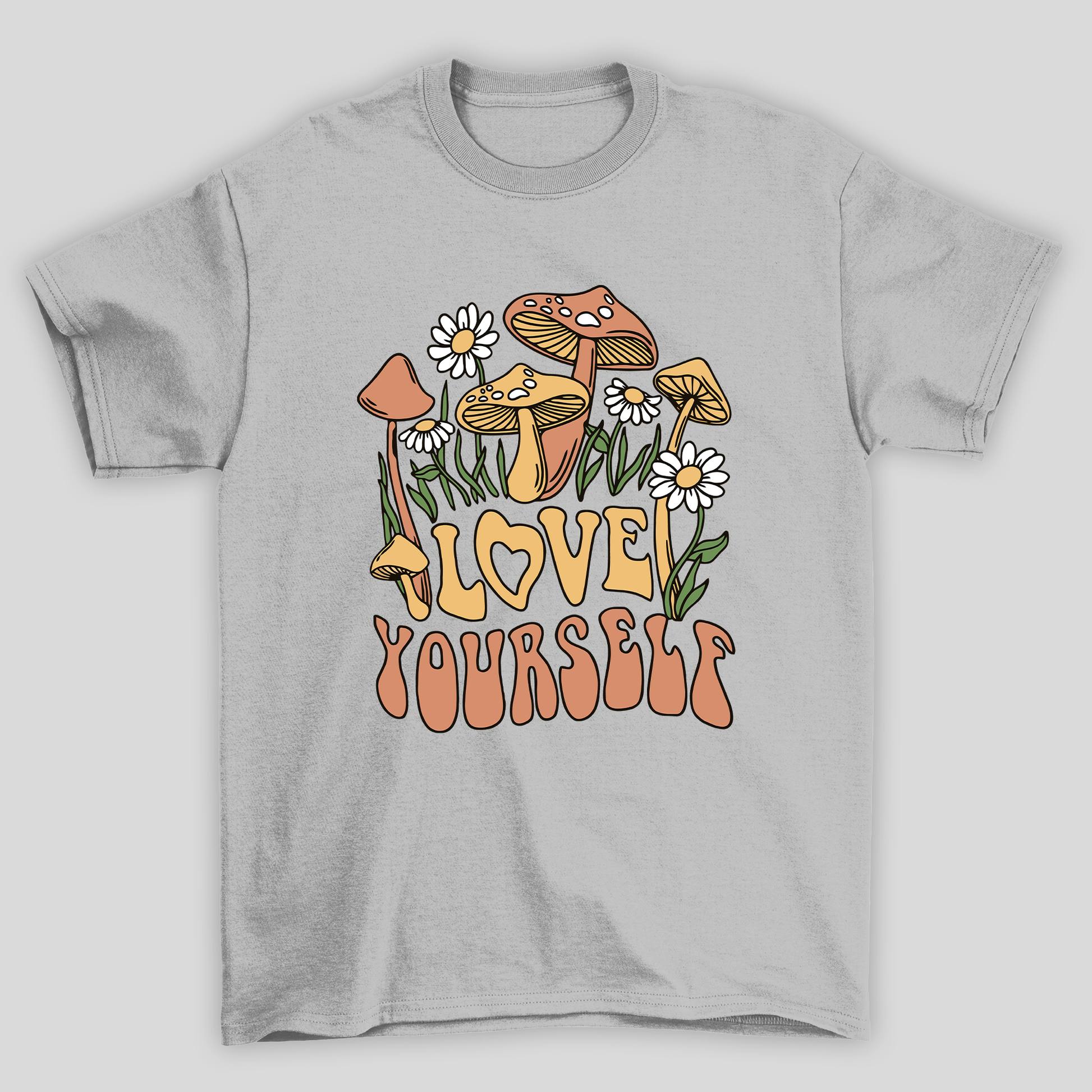 Camiseta Básica Love Yourself Cogumelos Mágicos - CINZA 
