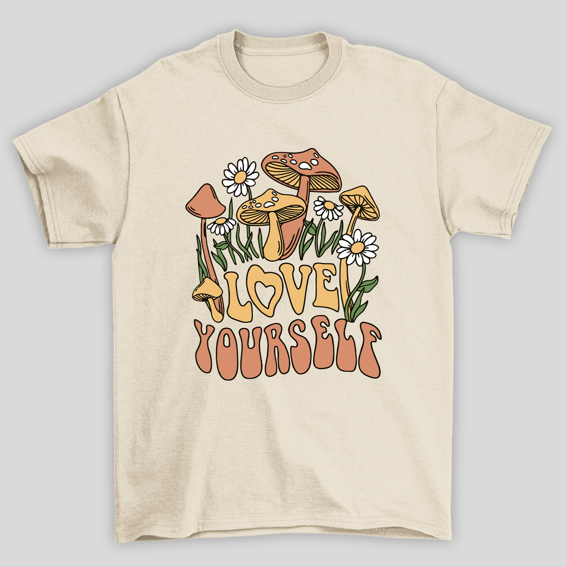Camiseta Básica Love Yourself Cogumelos Mágicos - PÉROLA 