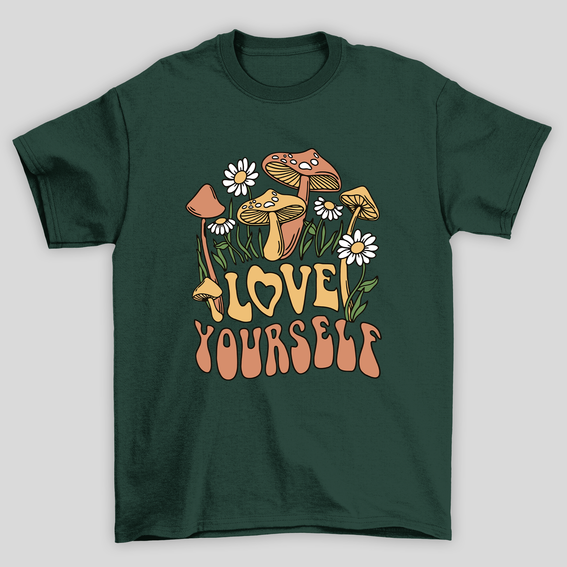 Camiseta Básica Love Yourself Cogumelos Mágicos - VERDE 
