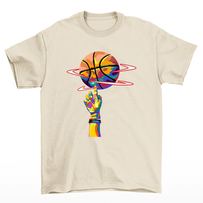 camiseta básica com estampa de dedo girando bola basquete colorido - pérola 
