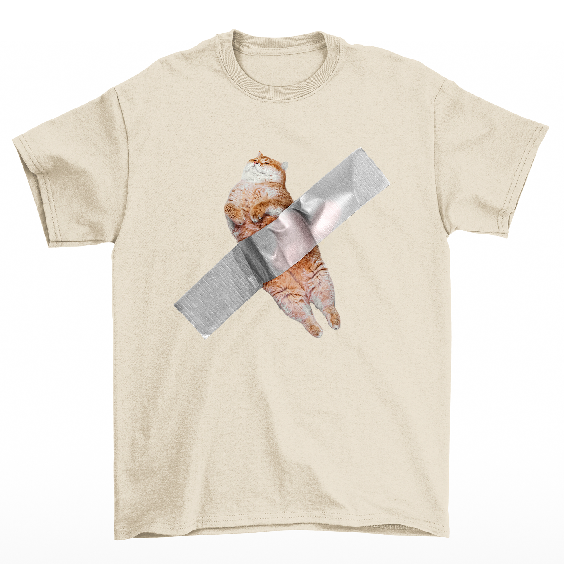 Camiseta Básica Unissex Com Estampa Gatinho Preso Na Fita- PÉROLA