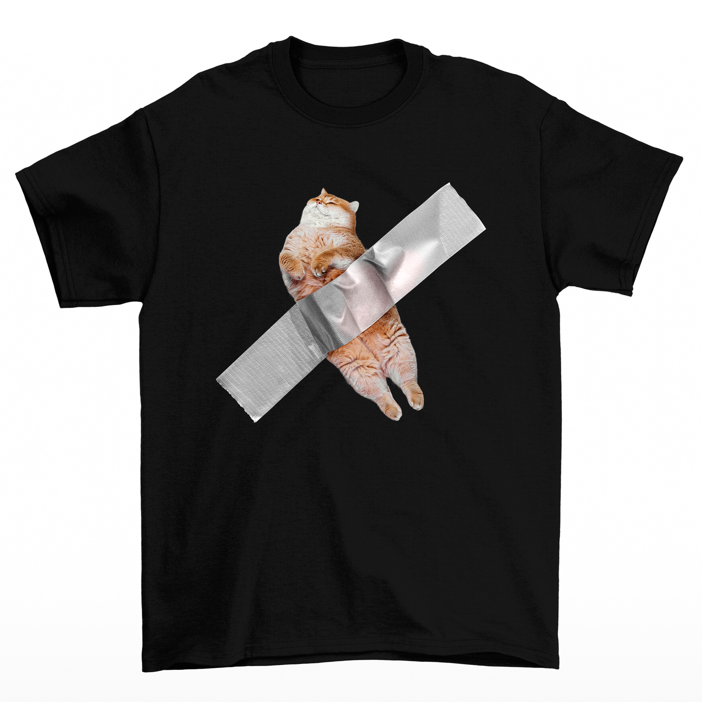 Camiseta Básica Unissex Com Estampa Gatinho Preso Na Fita- PRETO
