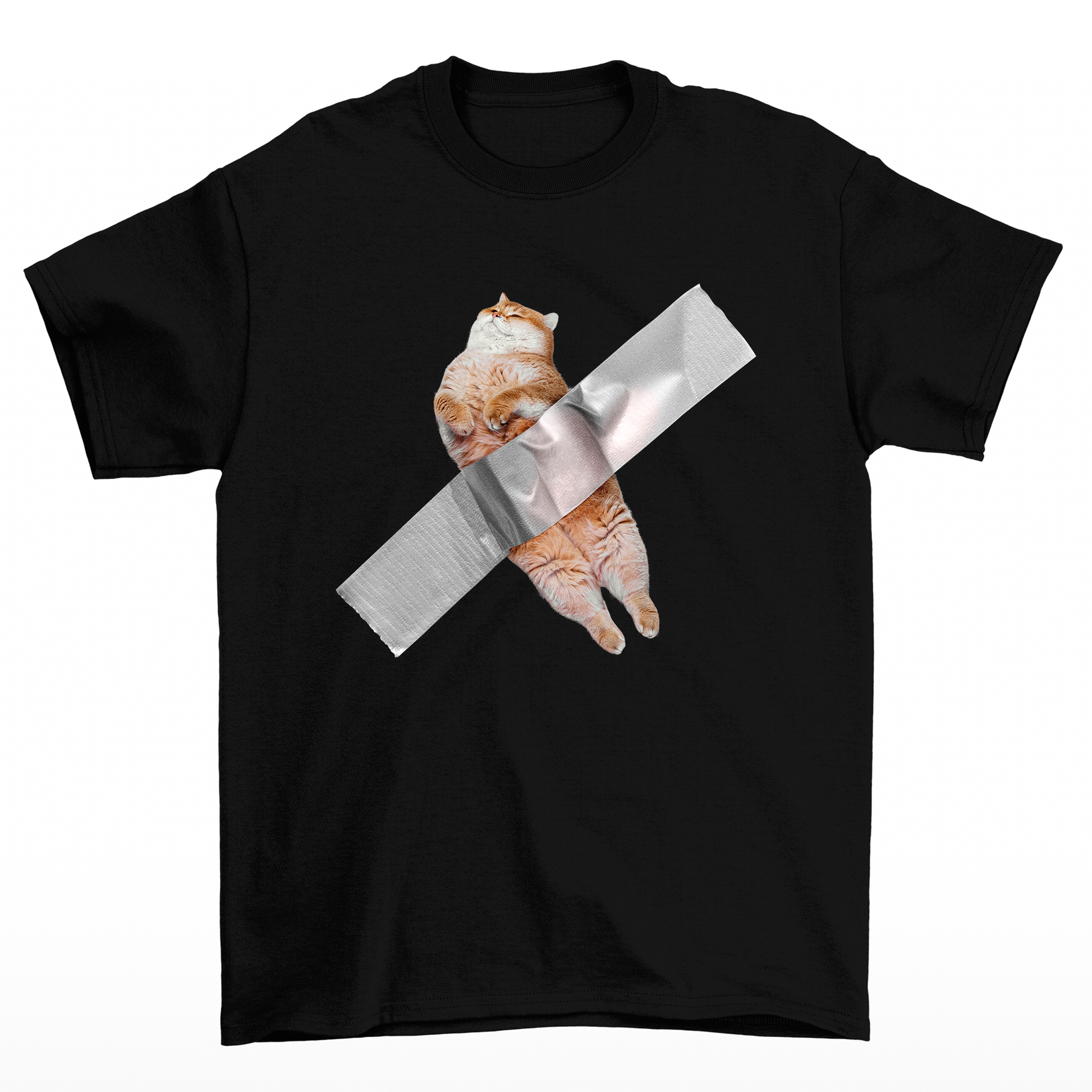 Camiseta Básica Unissex Com Estampa Gatinho Preso Na Fita- PRETO