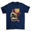 Camiseta Básica Unissex Com Estampa Gato Japonês Comendo Peixe- AZUL-MARINHO