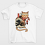 Camiseta Básica Unissex Com Estampa Gato Japonês Comendo Peixe- BRANCO