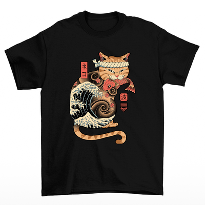 Camiseta Básica Unissex Com Estampa Gato Japonês Comendo Peixe- PRETO