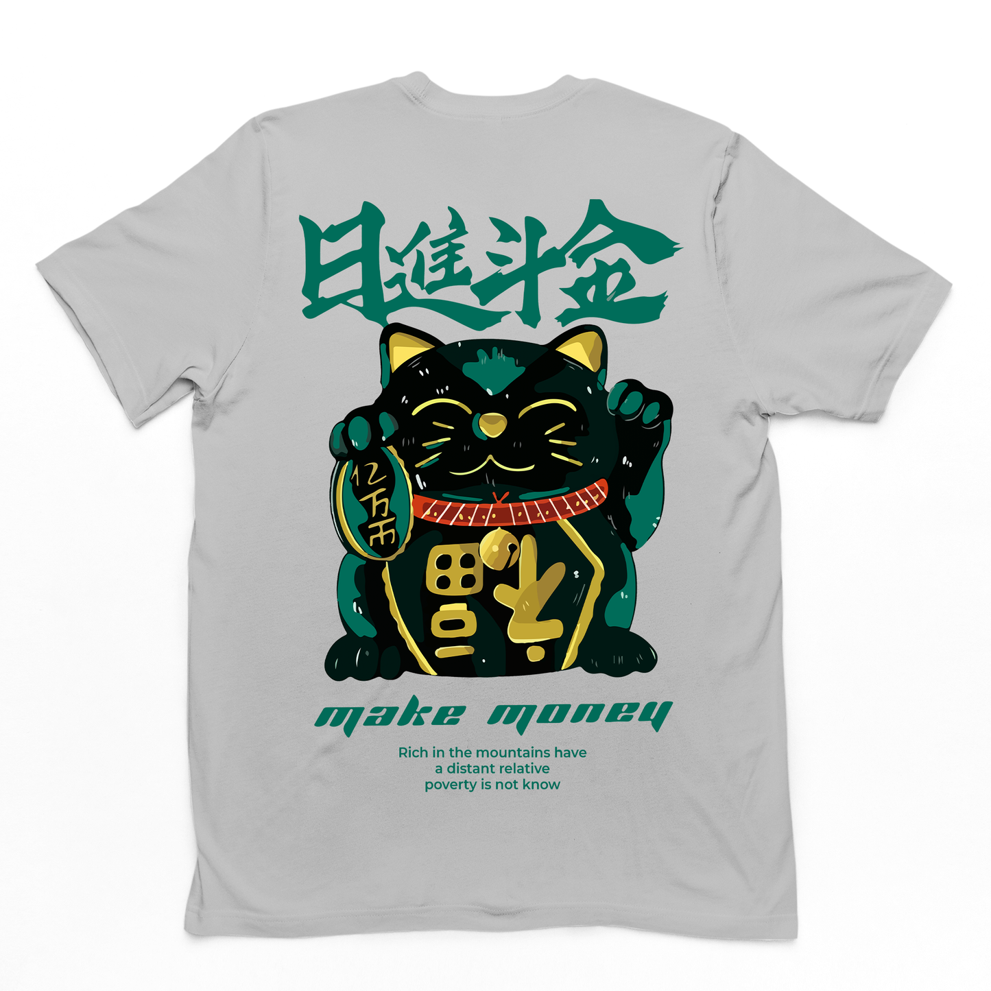 Camiseta Básica Com Estampa Gatinho Preto Segurando Moeda- Cinza