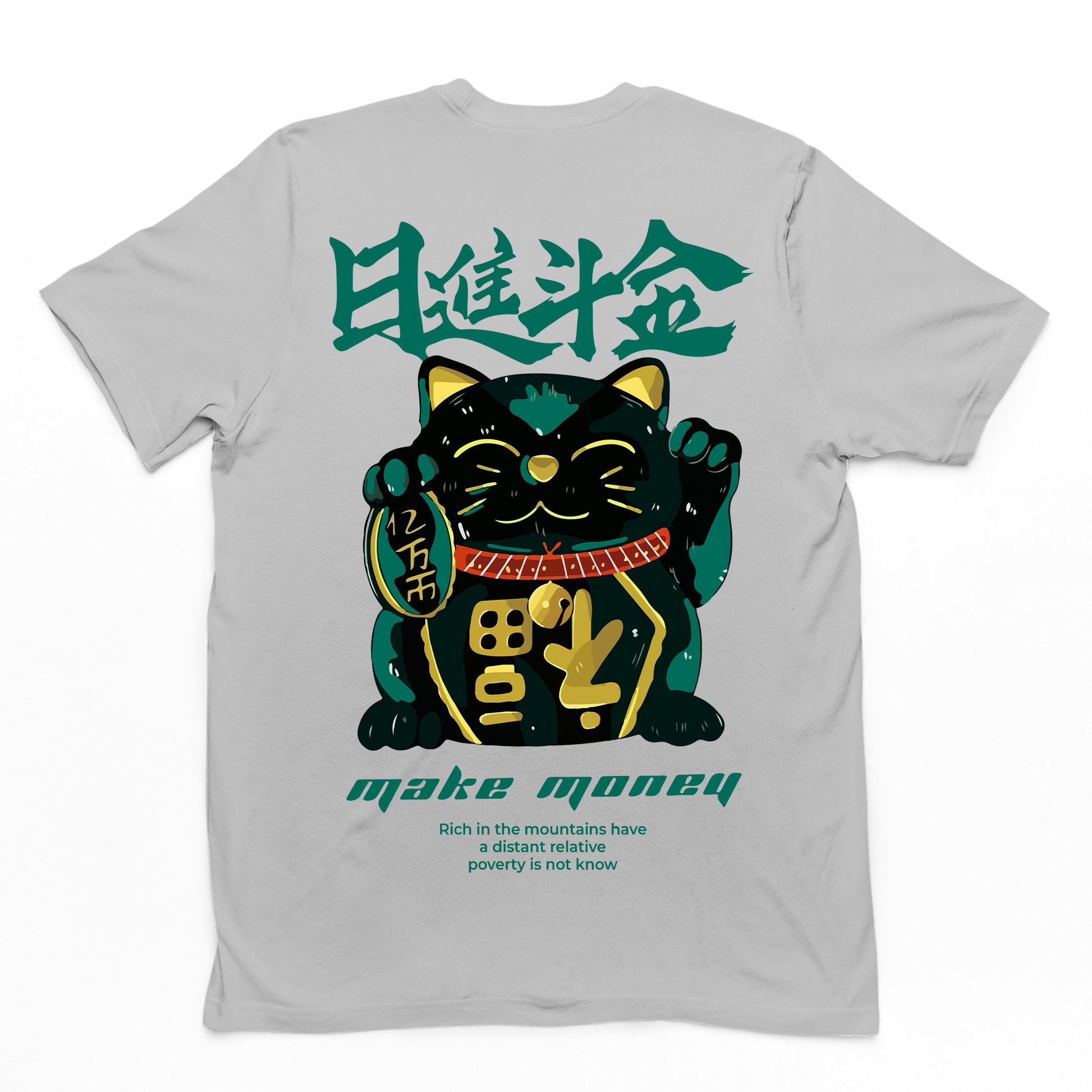 Camiseta Básica Com Estampa Gatinho Preto Segurando Moeda- Cinza