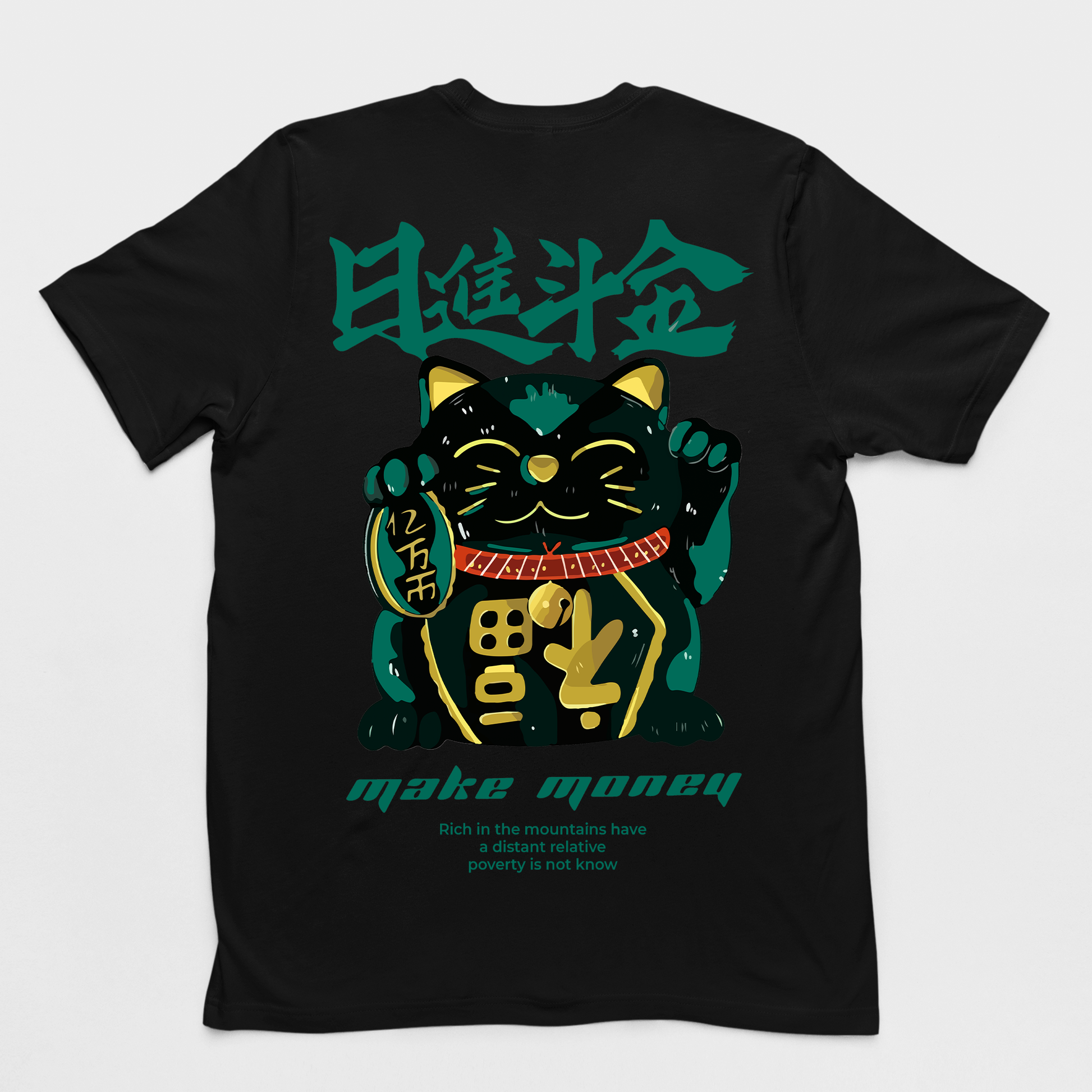 Camiseta Básica Com Estampa Gatinho Preto Segurando Moeda- Preto