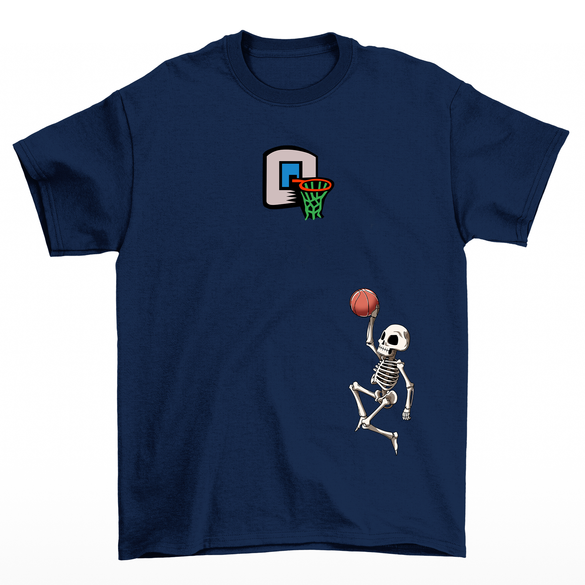 camiseta básica  com estampa de esqueleto jogando - basquete -azul marinho