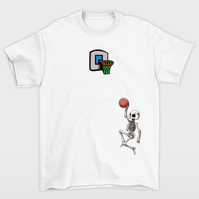 camiseta básica  com estampa de esqueleto jogando basquete - branca