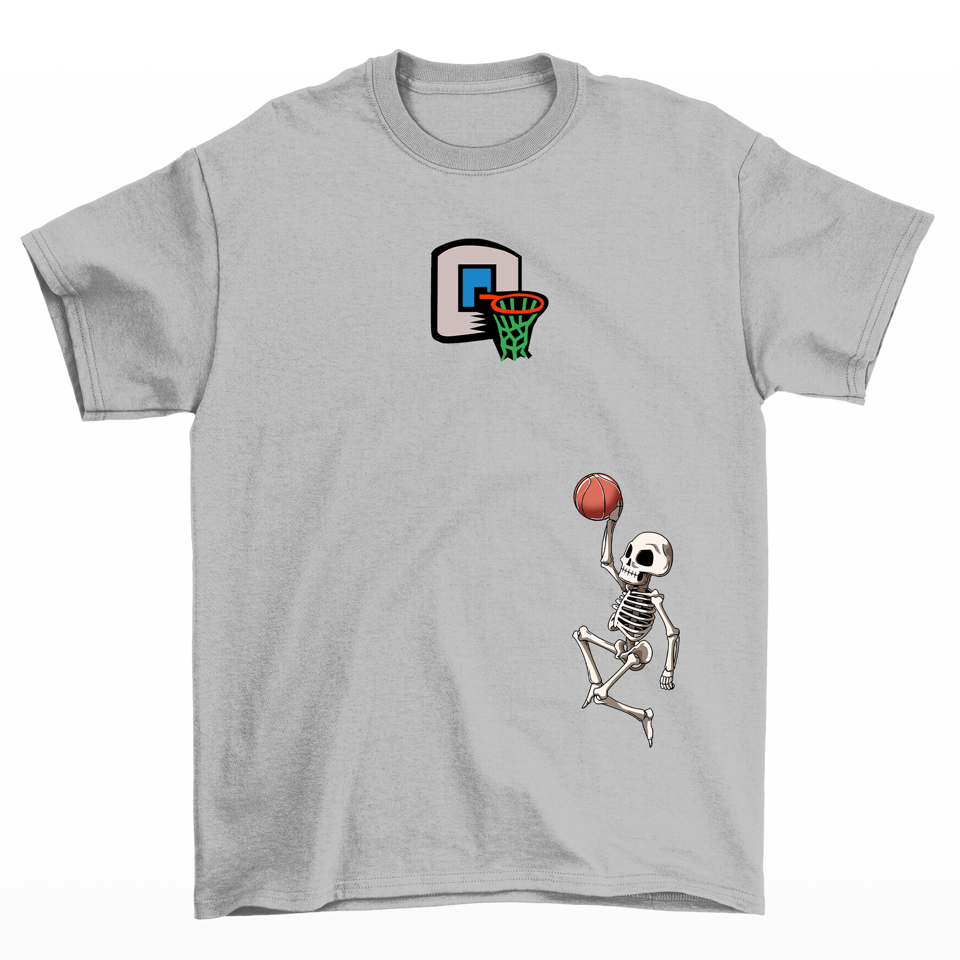 camiseta básica  com estampa de esqueleto jogando basquete - cinza