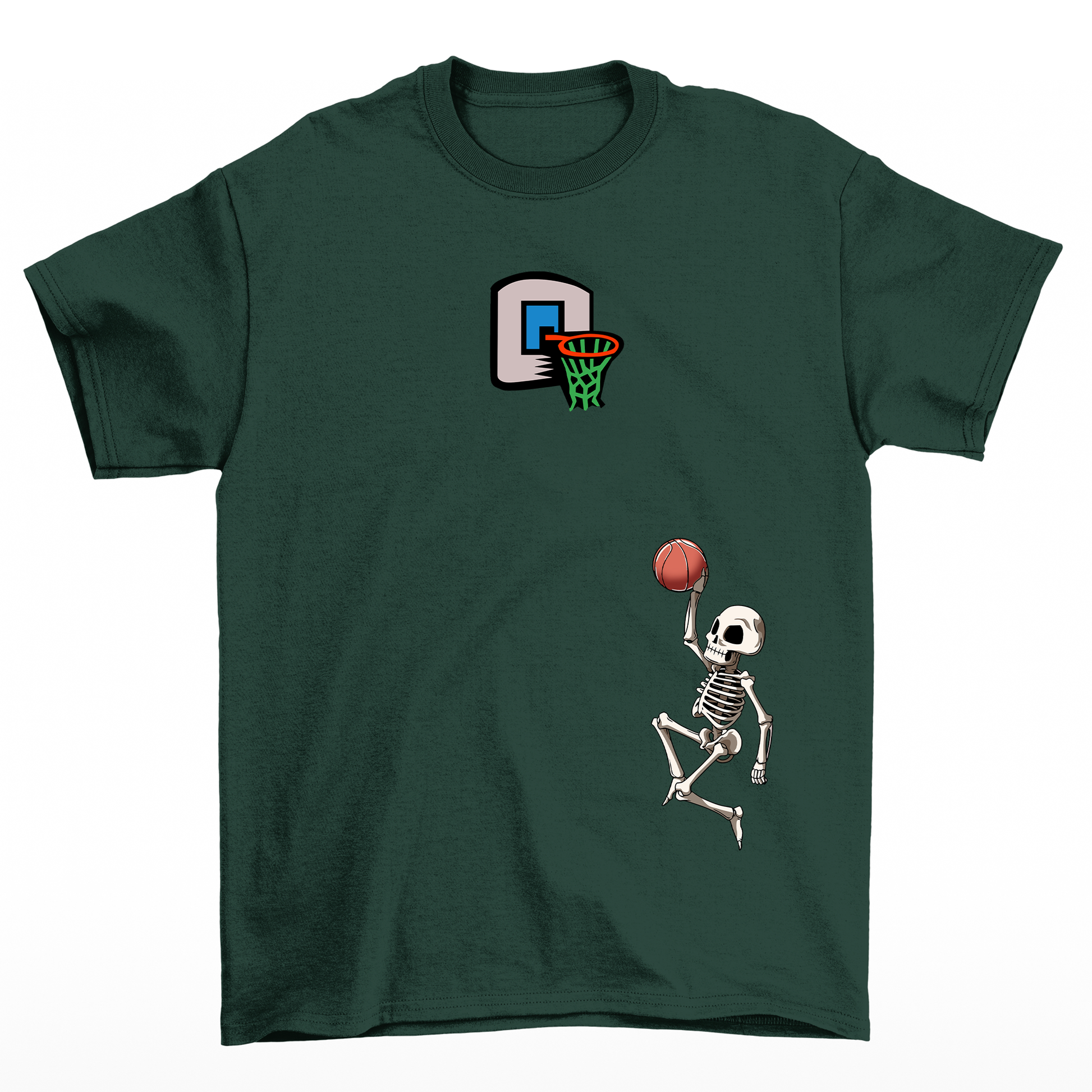 camiseta básica  com estampa de esqueleto jogando basquete - verde