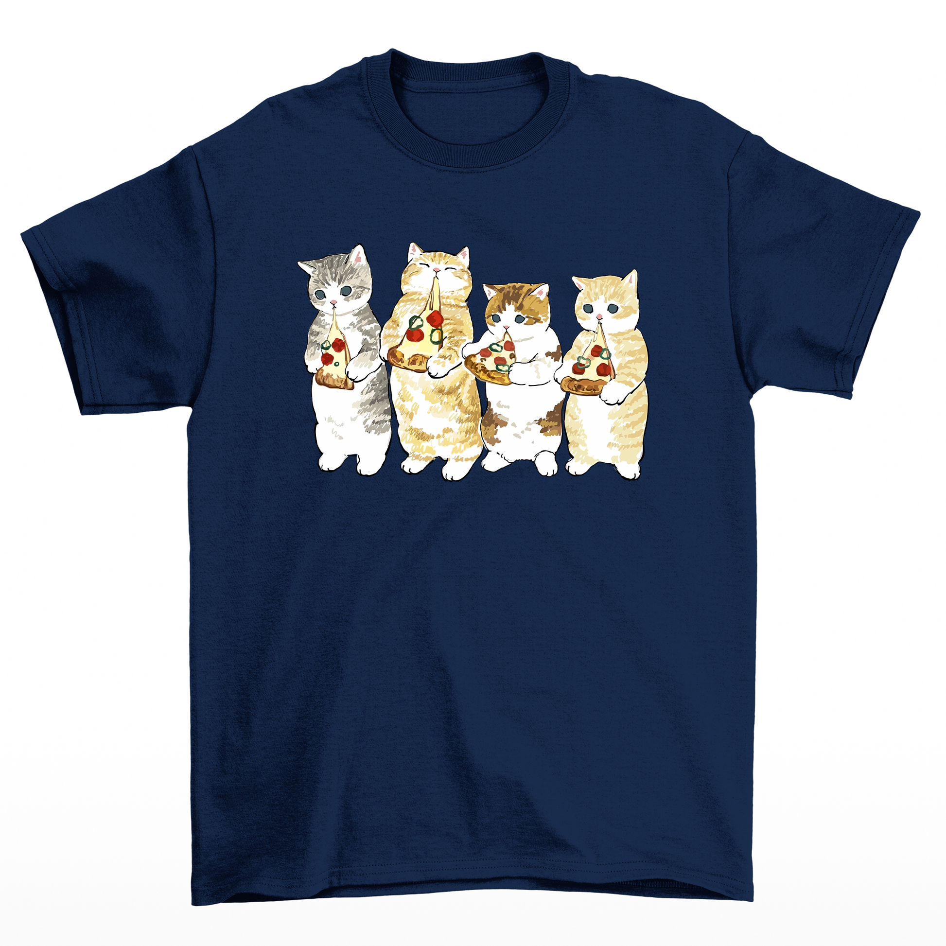 Camiseta Básica Com Estampa Gatinhos Comendo Pizza- Azul-marinho