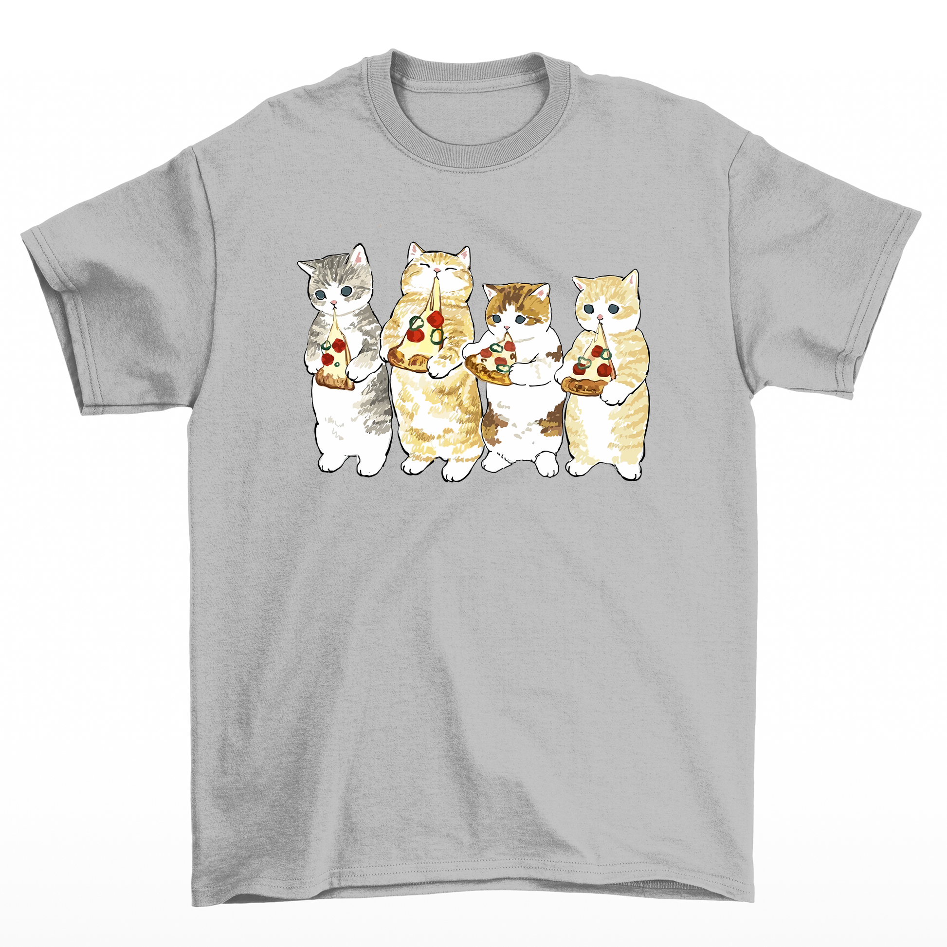 Camiseta Básica Com Estampa Gatinhos Comendo Pizza- Cinza
