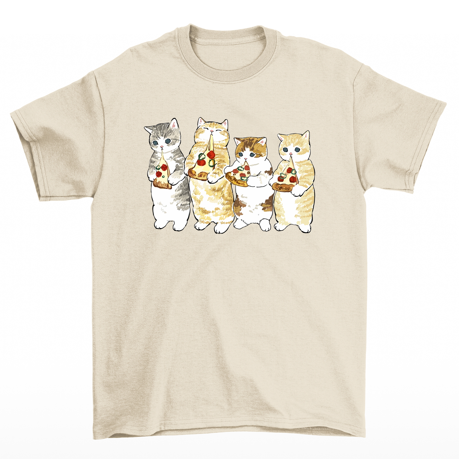 Camiseta Básica Com Estampa Gatinhos Comendo Pizza- Pérola