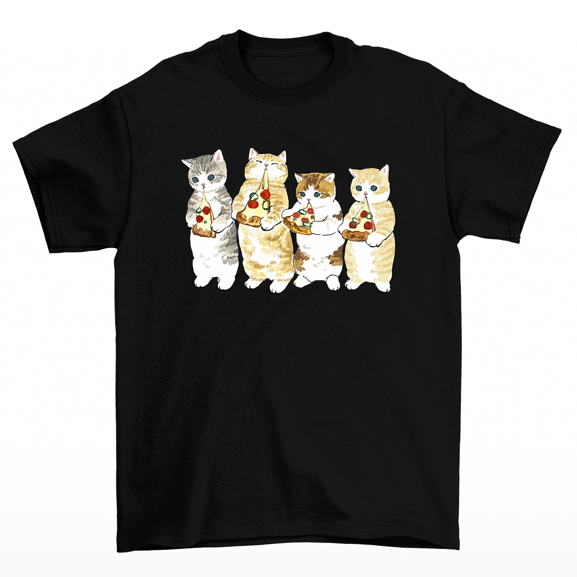 Camiseta Básica Com Estampa Gatinhos Comendo Pizza- Preto