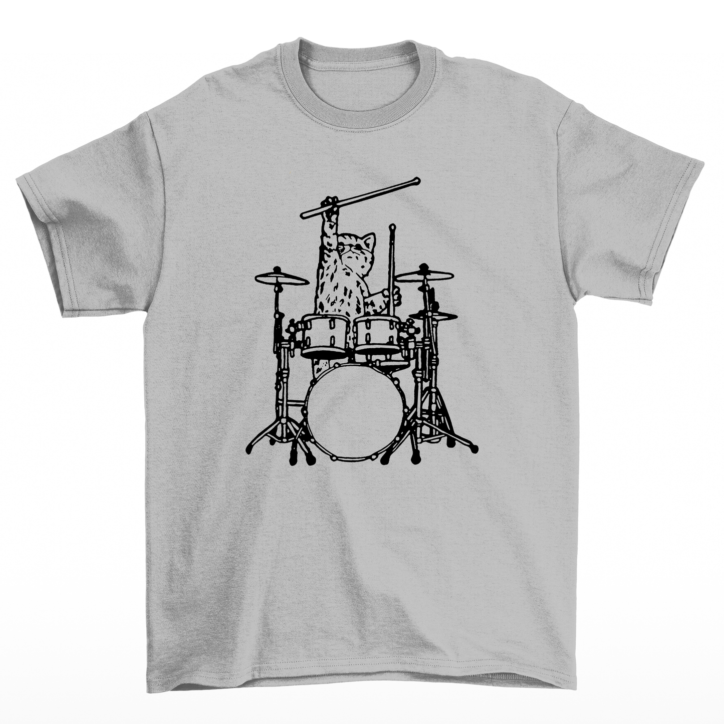 camiseta básica com estampa gatinho baterista- Cinza