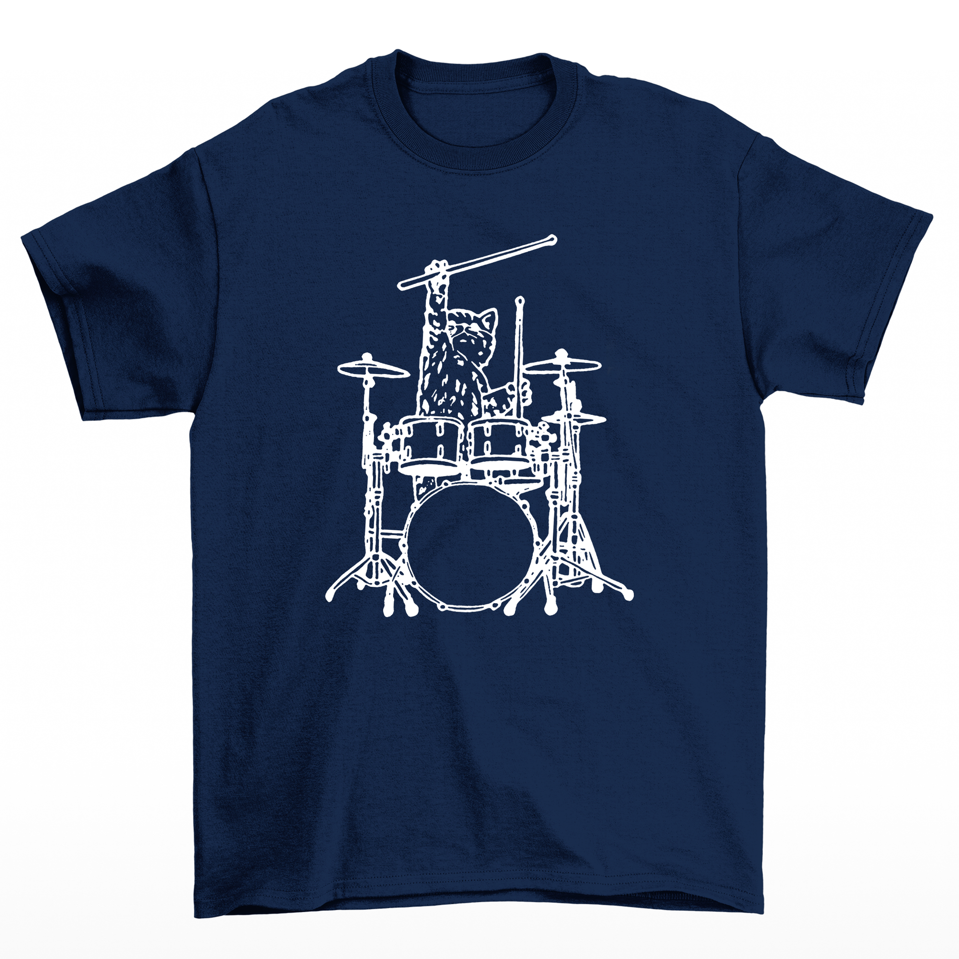 camiseta básica com estampa gatinho baterista- Azul-marinho