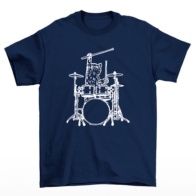 camiseta básica com estampa gatinho baterista- Azul-marinho