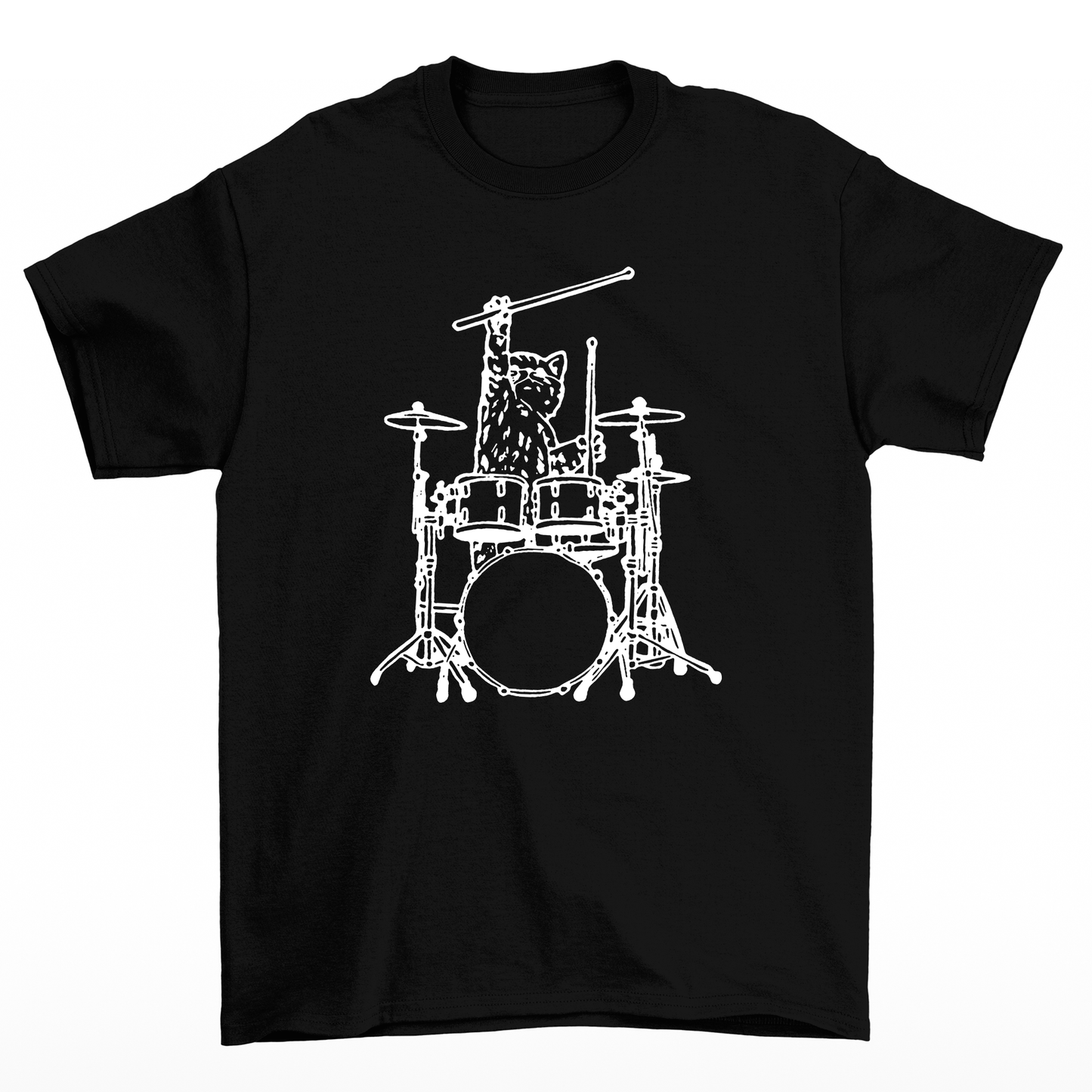 camiseta básica com estampa gatinho baterista- Preto