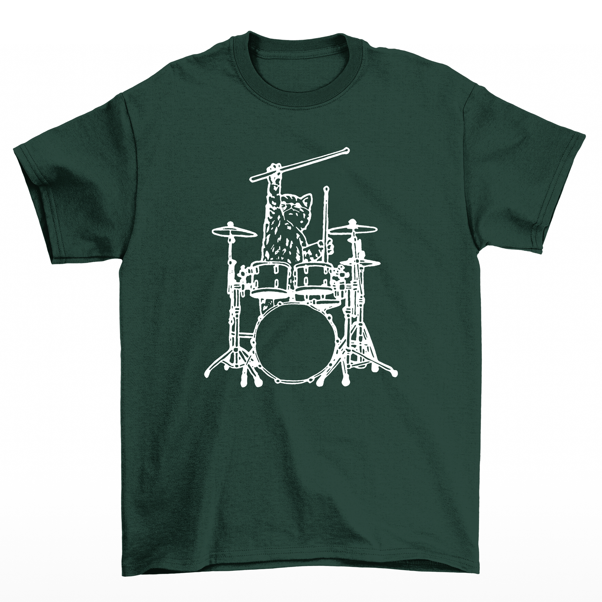 camiseta básica com estampa gatinho baterista- Verde
