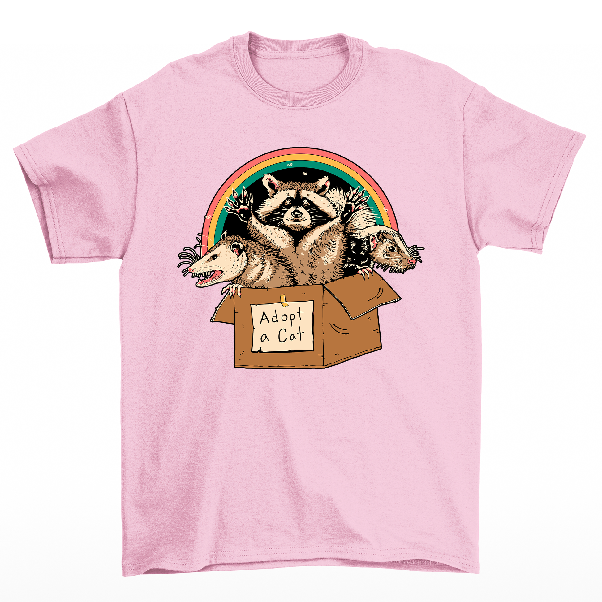 Camiseta Básica Feminina Com Estampa Guaxinim Na Caixa- rosa bebe
