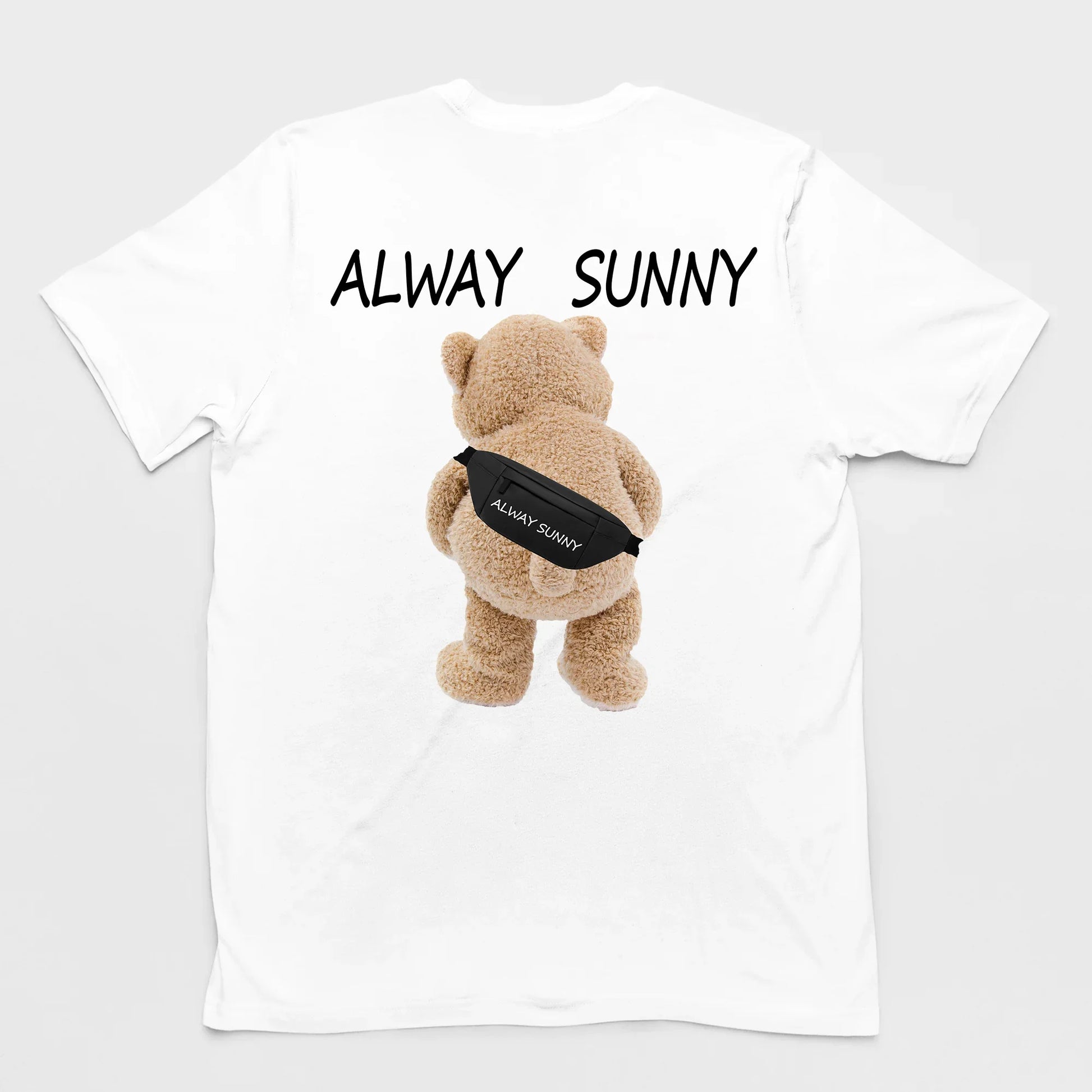 camiseta basica branca estampa de urso always sunny