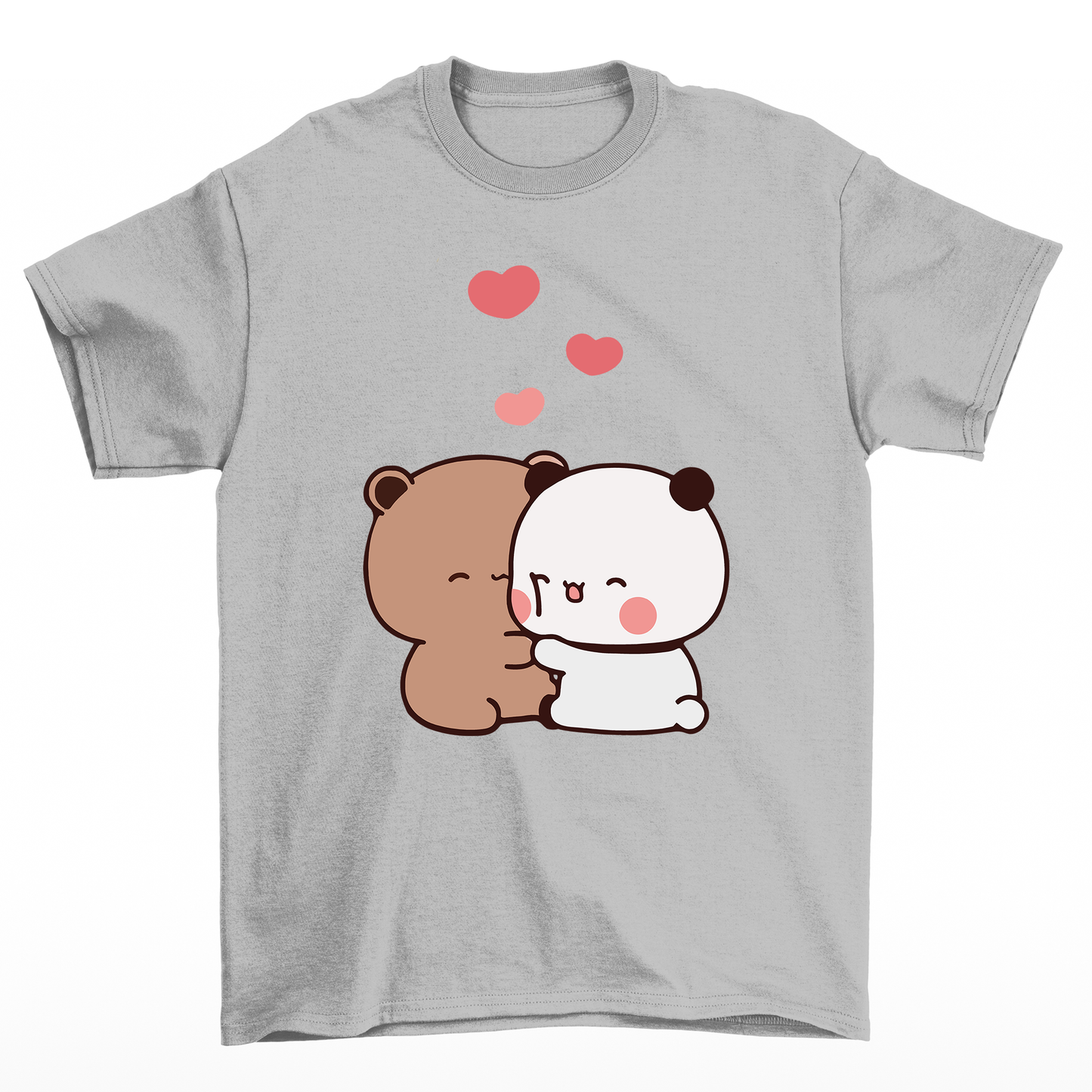 camiseta básica cinza estampa ursinhos se abraçando
