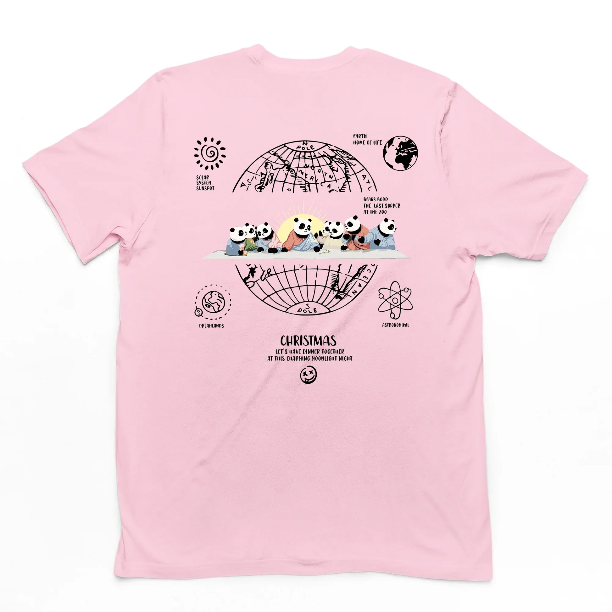 Camiseta rosa costas Básica Unissex Com Estampa Natal Jesus Panda - Rosa Bebê