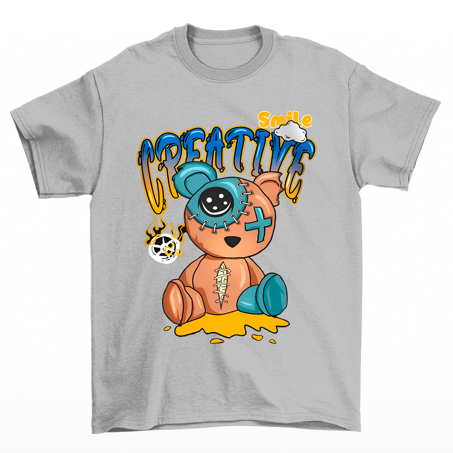 Camiseta Básica cinza Unissex Com Estampa Ursinho Zombie - Cinza