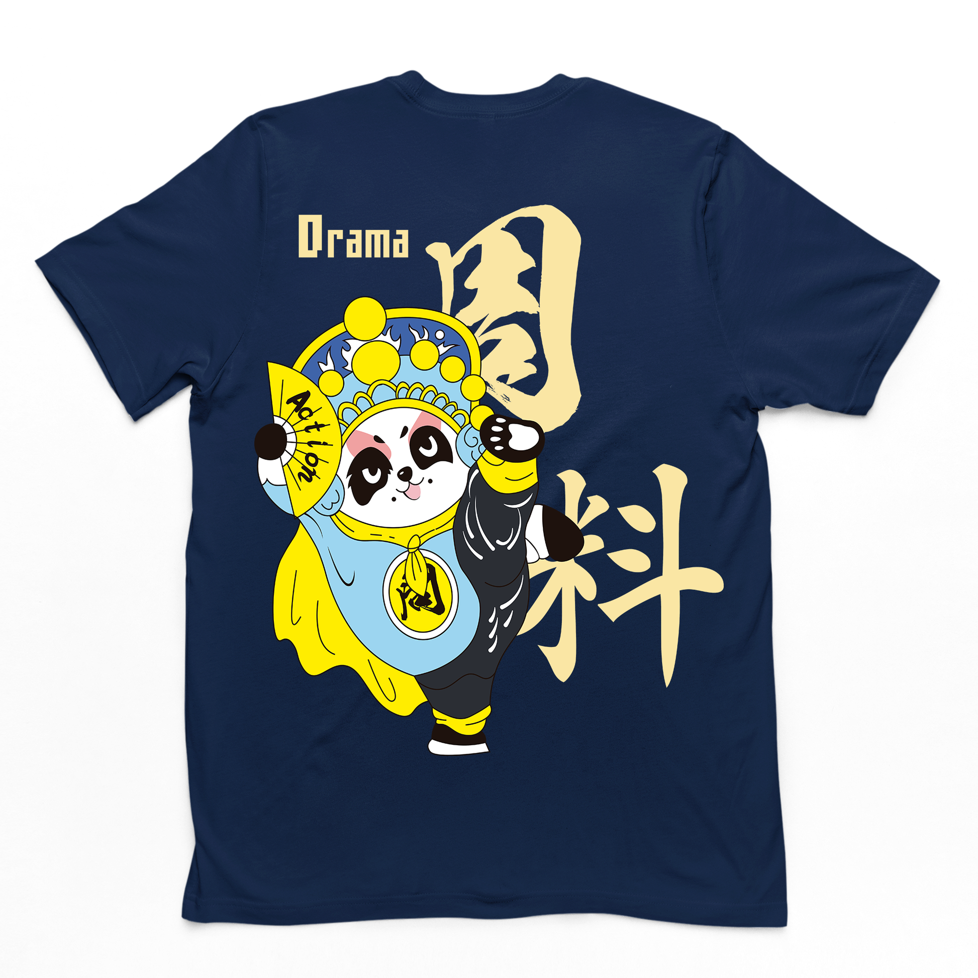 camiseta básica com estampa leque panda escrito drama em cima - Azul Marinho